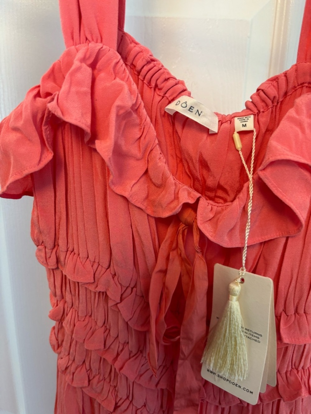 DÔEN Carolynn Dress Coral Rose NWT Medium Romantic Ruffle Midi Dress - Picture 12 of 16